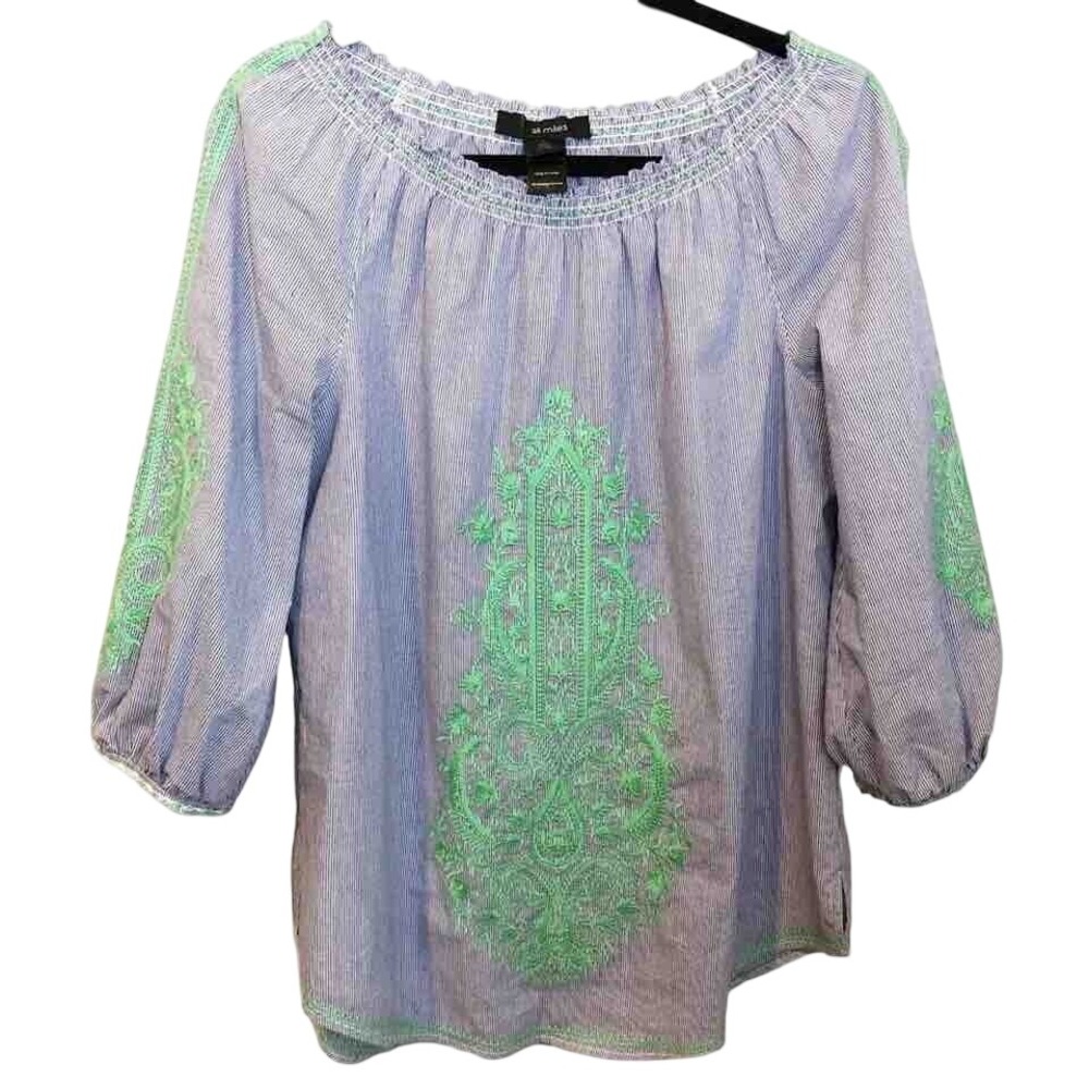 Ali Miles Blue White Striped Green Embroidered Smocked Peasant Blouse Small